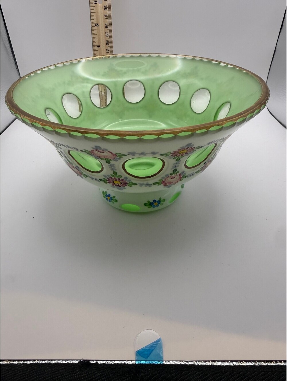 Antique Bohemian Cased Crystal Openwork Pedestal Bowl Attrib Harrach 10"